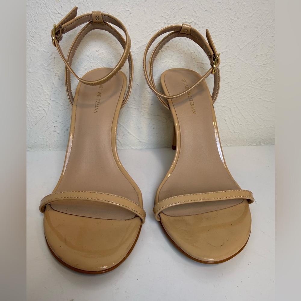 Stuart Weitzman Dancer 95 Patent Leather Sandals Beige Size 6.5 - Picture 3 of 7